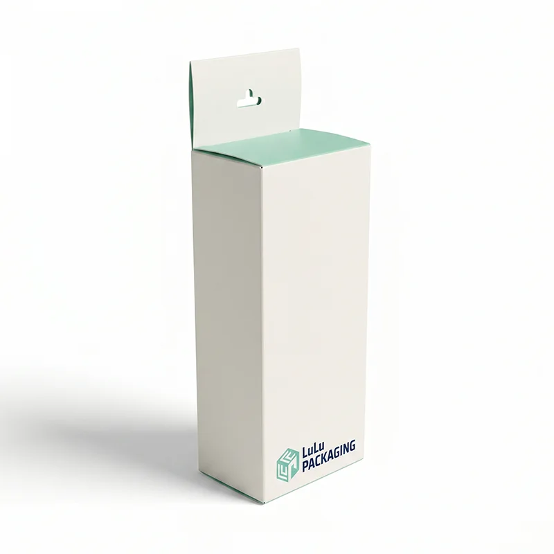 White hanging tab cosmetic packaging box designed for retail peg display merchandising